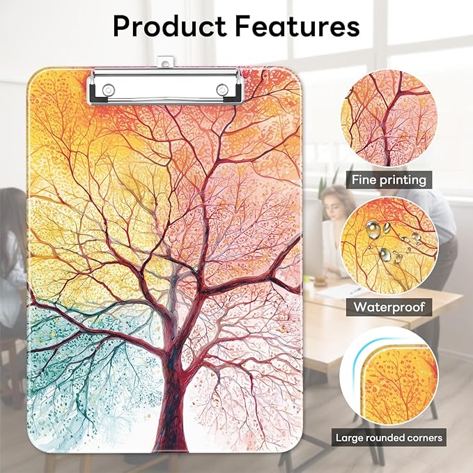 Luminzo Plastic Cute Clipboard Low-Profile Metal Clip, A4 Letter Size 9 x 12.5 in, 8.5 x 11 Paper Clip Board for Teachers, Nurses, Classroom,Sunset Tree