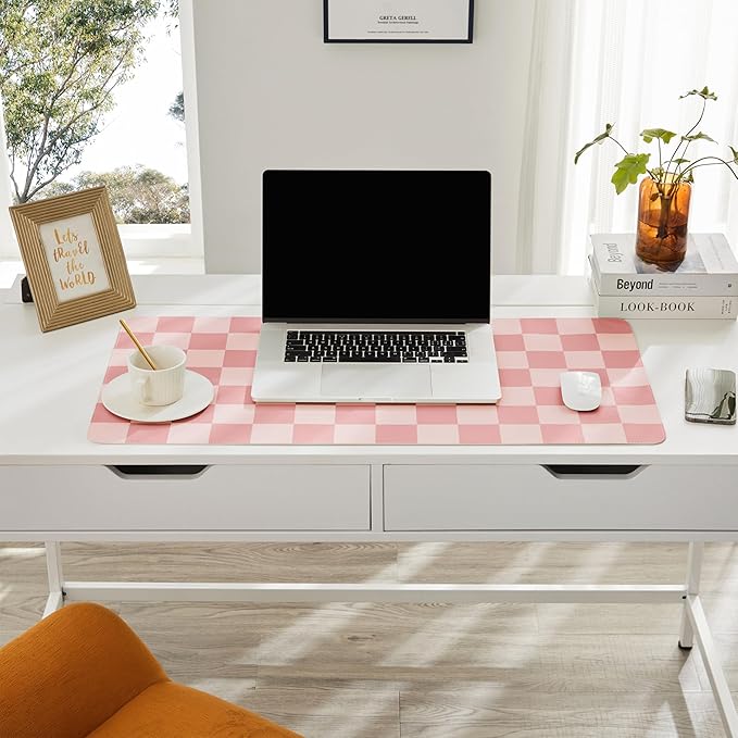 Ohocut Checkered Desk Mat, 31.5" x 15.7" Large Cute Coral Pink Aesthetic Retro Accessories, PU Leather Computer Laptop Desk Mat, Mouse Keyboard Pad, Desk Writing Makeup Mat for Vanity/Work/Home Decor