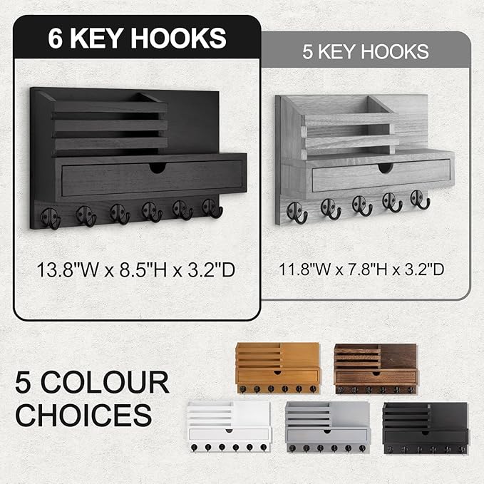 Lucundm Key Holder Wall Mount, Mail Holder with Storage Drawer and 6 Key Hooks for Coat, Dog Leash, Home Decor Rack, House Accessories, Entry Way Organizer