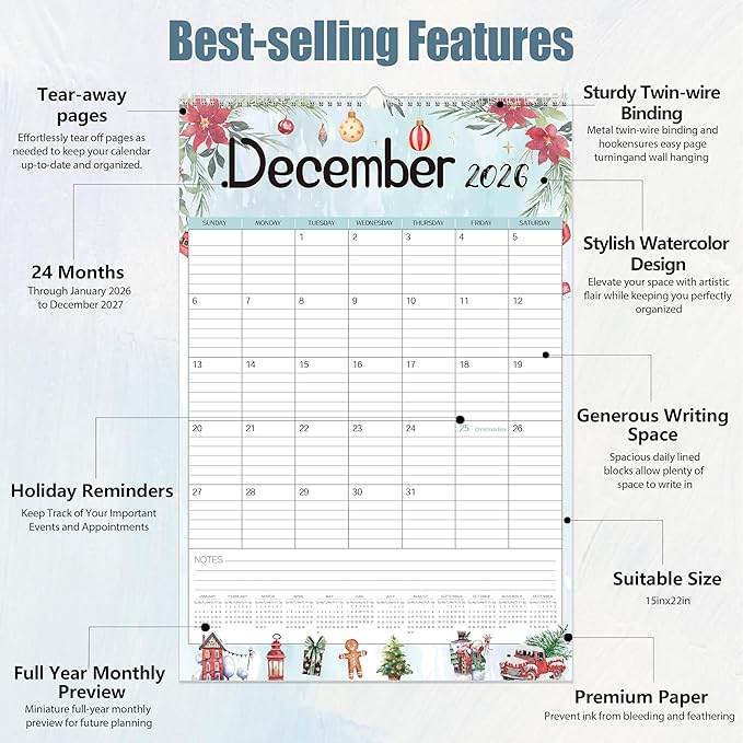 GuassLee Large Wall Calendar 2026-2027,24-Month Vertical Wall Calendar Runs from Jan. 2026 to Dec. 2027, 22"x15" Hanging Monthly Planner with Thick Paper Watercolor Design for Easy Organizing