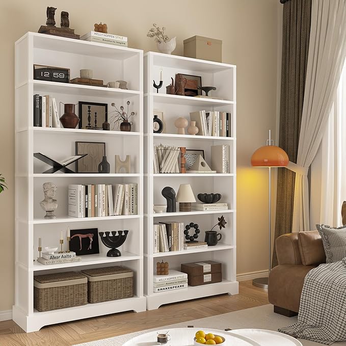 TVU 6-Tier Wooden Bookshelf, 77.2" Tall Farmhouse Style Open Bookcase, 31.5" W Standing Bookshelf with Storage, Suitable for Study, Living Room, Office, White