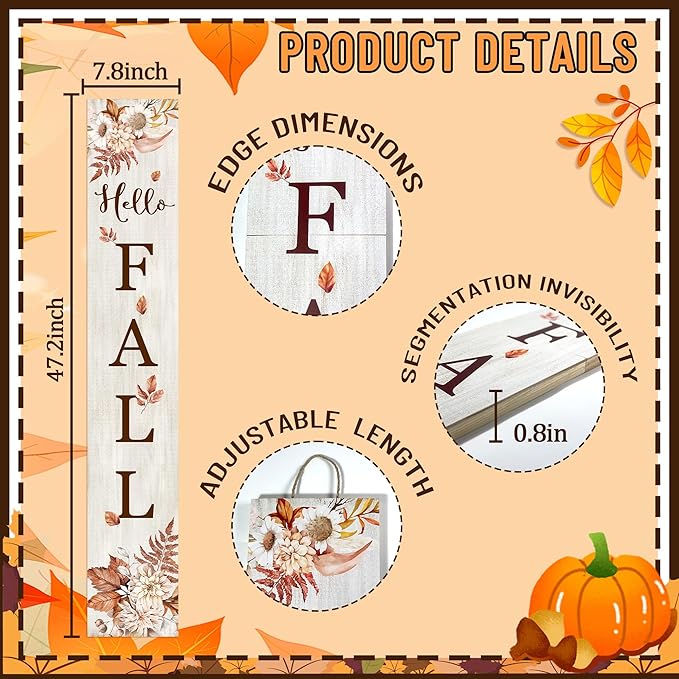 Hello Fall Porch Sign 47" Thanksgiving Day Wooden Door Sign Large Autumn Welcome Sign with Leaves Standing Front Door Decor for Home, Yard, and Fall Parties