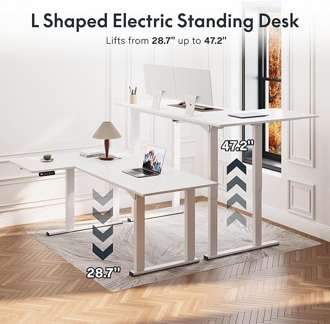 SANODESK 4-Leg L Shaped Standing Desk, Electric Height Adjustable Desk with Memory Presets for Home Office, Stand up Desk Computer Workstation, 78x43 Inches White