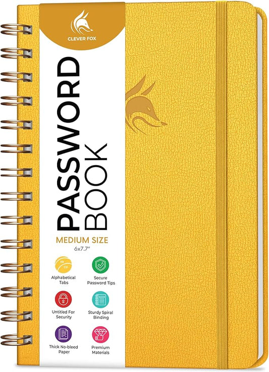 Clever Fox Password Book Spiral – Internet Address & Password Organizer with Laminated Alphabetical Tabs – Password Keeper Journal – Hardcover, Medium Size, 6.1x7.7” (Amber Yellow)