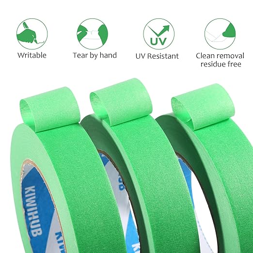 KIWIHUB Green Painters Tape,1 inch x 60 Yards x 5 Rolls - Medium Adhesive Green Masking Tape for Painting,Labeling,DIY Crafting,Decoration and School Projects (300 Yards Total)