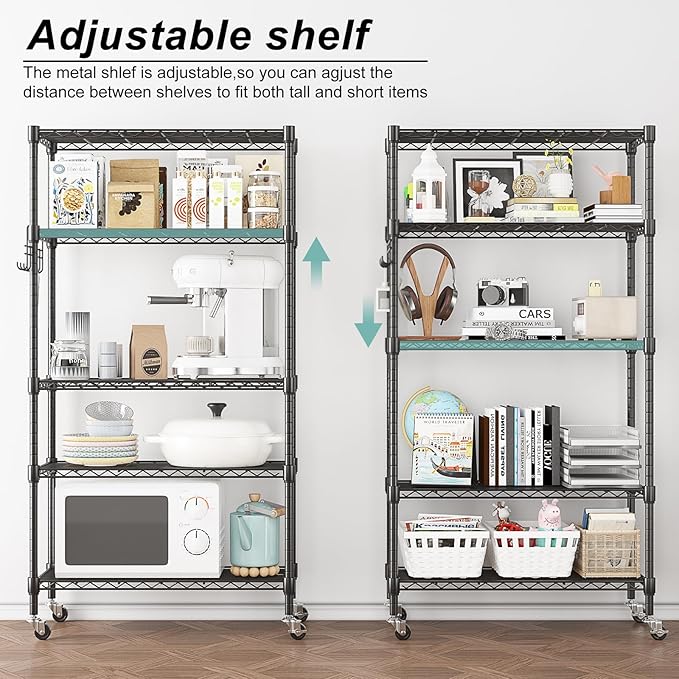 Himimi 5-Tier Storage Shelf Wire Shelving Unit on Wheels Heavy Duty Metal Shelves Adjustable Steel Rack Organization for Kitchen Garage Basement, Black