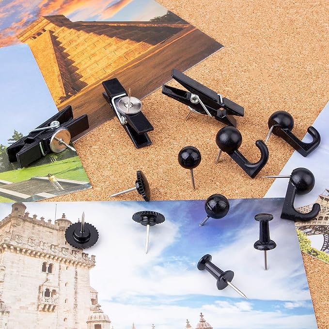 Black Push Pins Set, 5 Styles 140-count Thumb Tacks Map Pins, Steel Point and Dark Plastic Head Pushpins Black Thumbtacks for Cork Board Bulletin Boards (Black-140pcs)