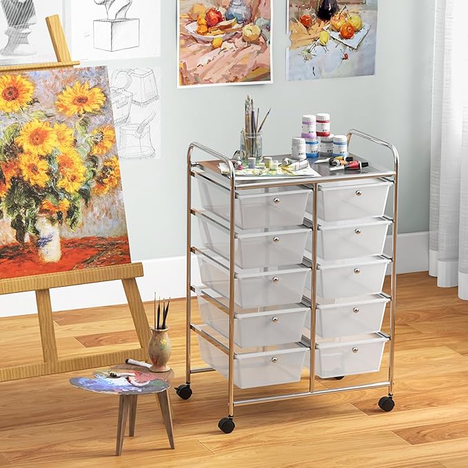 GLACER 10 Drawer Rolling Cart, Storage Cart with Lockable Whieels & Metal Frame, Trolley for Art Craft Oganizer, Mobile Utility Cart for Office, School, Classroom, Kitchen (Clear White)