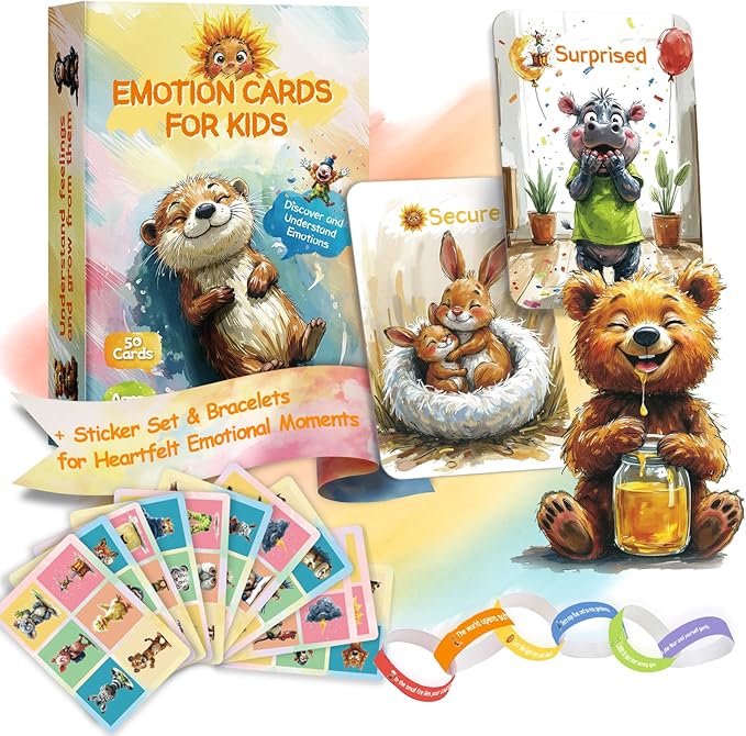 Emotion Cards for Kids – 50 Laminated Feelings & Calm-Down Cards for Classroom & Home, Soft-Touch Waterproof, Ages 3–12, SEL Tools with 60 Stickers & 6 Bracelets Stocking Stuffers