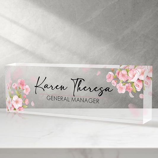 Custom Office Name Plate, Personalized Gifts for Women & Men, Appreciation Gifts for Employees, Office Desk Accessory (Pink Flower)