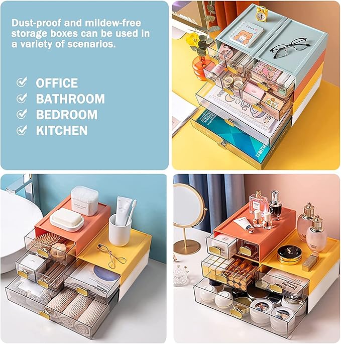 DETEIN 2PACK Stackable Desktop Storage Organizer Plastic Desk Organizer with Drawer Stacking Drawer for Pantry, Locker, Makeup, Vanity, Garage and Small Organization(M - 1 Drawer, Cream White)