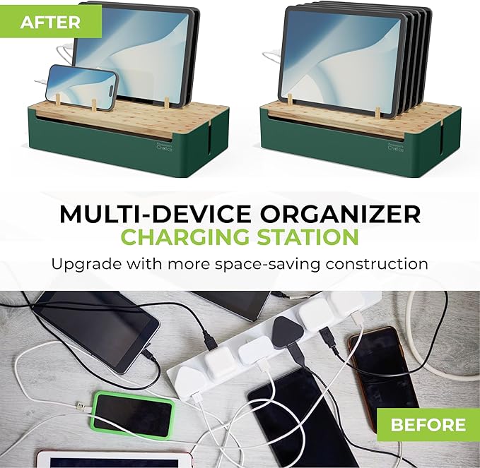 Prosumer's Choice Natural Bamboo Charging Station Rack for Smartphones and Tablets (Metal & Bamboo, Green)