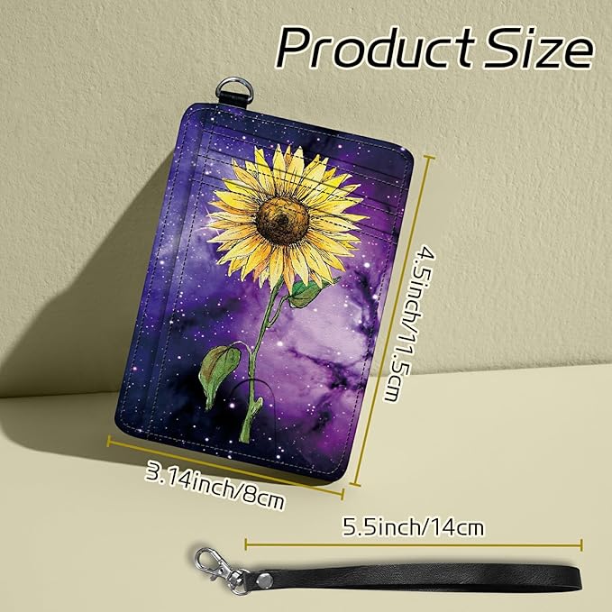 BWEGRHE Small Travel Wallets, Sunflower Yellow Purple Galaxy Slim Minimalist Front Pocket Wallet with Wristlet, RFID Blocking PU Leather Credit Card Holder with ID Window Change Purse for Men Women