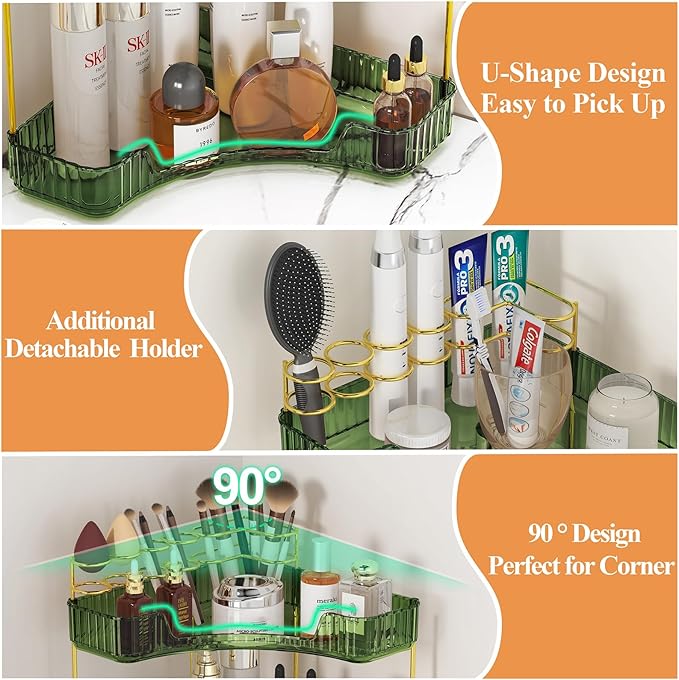 SUNZOS Bathroom Counter Organizer, Corner Vanity Cosmetic Storage with Makeup Brush Holder, Countertop Organizers for Dresser (2 Tier, Green)