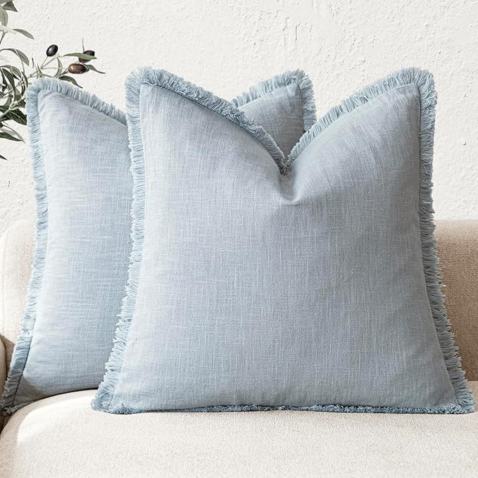 Foindtower Set of 2 Decorative Linen Fringe Throw Pillow Covers Boho Farmhouse Cushion Cover with Tassels Soft Accent Pillowcase for Couch Chair Sofa Bed Living Room Home Decor,22×22 Inch,Sky Blue