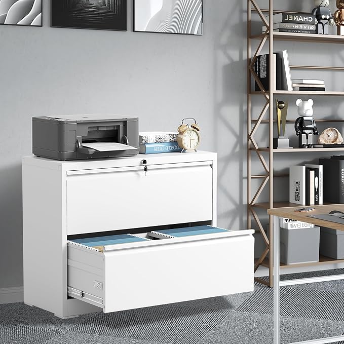 FLIXELIO File Cabinets 2 Drawer,Metal Office Storage Filing Cabinet with Lock,White Lateral Filing Cabinet for Home Office,Horizontal Two Drawer File Cabinet for Legal/Letter/A4,Assembly Require,White