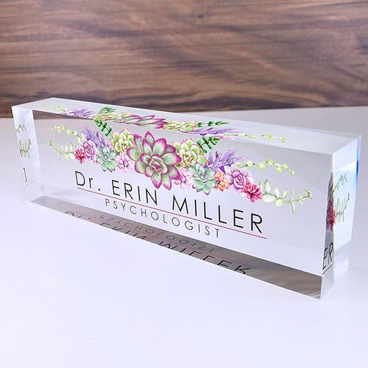 Artblox Office Desk Name Plate Personalized | Custom Name Plates for Desks | Succulents Design On Clear Acrylic Glass | Office Desk Decor - (8" x 2.5")