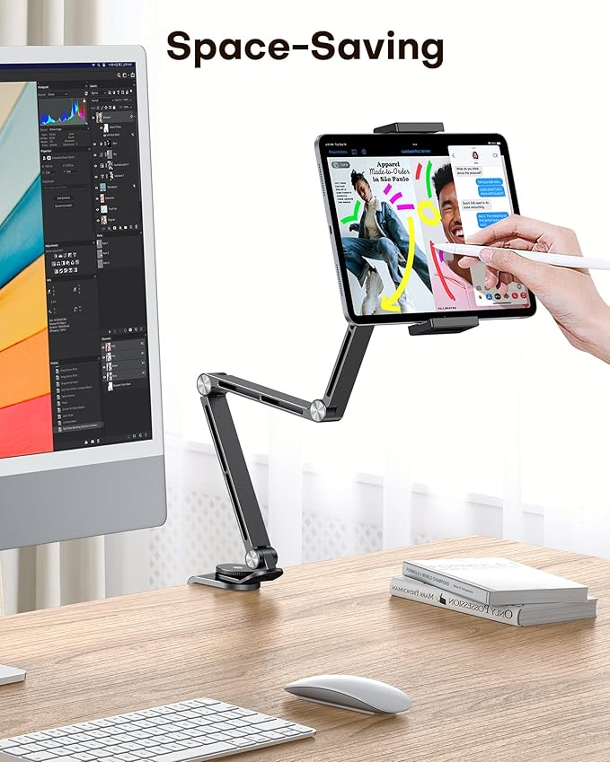 OMOTON Adjustable Tablet Stand for iPad, Desk Phone Holder for Bed with 2 Clamps, Flexible Aluminum Alloy Mount with 360° Rotation for 4-13" Devices (Black)