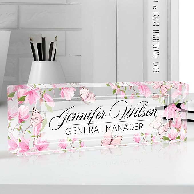 AZUFEMOS Personalized Acrylic Desk Name Plate - Custom Employee Appreciation Gifts - Office Gifts for Women, Men, Boss, Coworkers, Teacher, Nurse (Pink Flower Butterfly)