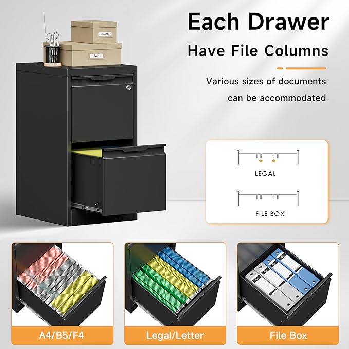 Bestoo 2-Drawer File Cabinet with Lock, Metal Filing Cabinet for Home Office, Vertical Filing Storage Cabinets, Fits File Folders, Letter/Legal/F4/A4 Size, Assembly Required (Black)