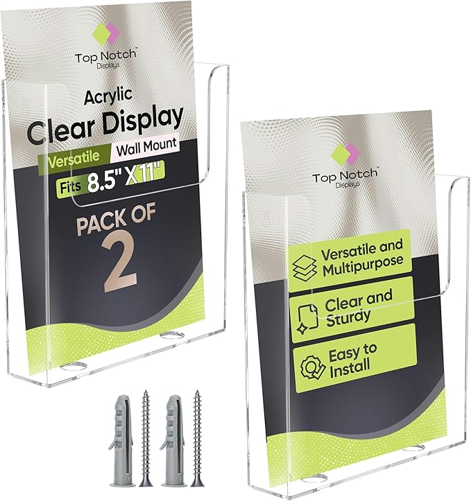Top Notch Displays Acrylic Brochure Holder for Wall Mounting, Clear Display for 8.5" x 11" Flyers, Literature Holder for Magazines, Pamphlets, Menus, Includes Screws & Plastic Anchors – Pack of 2