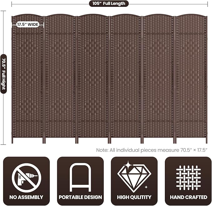 Cocosica 6 Panel Room Divider,6Ft Folding Privacy Screen,Tall - Extra Wide Foldable Panel Partition Wall Divider with Diamond Double-Weaved Hand-Woven Design Room Screen Divider