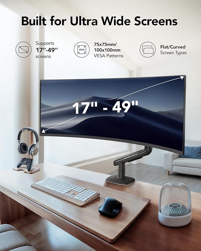 HUANUO TitanLift Heavy Duty Monitor Arm for Screens up to 49", Holds 44 lbs, Aluminum Ultrawide Screen Desk Mount, Fully Adjustable Single Gaming Monitor Mount with Dual C-Clamp, Max VESA 100x100mm