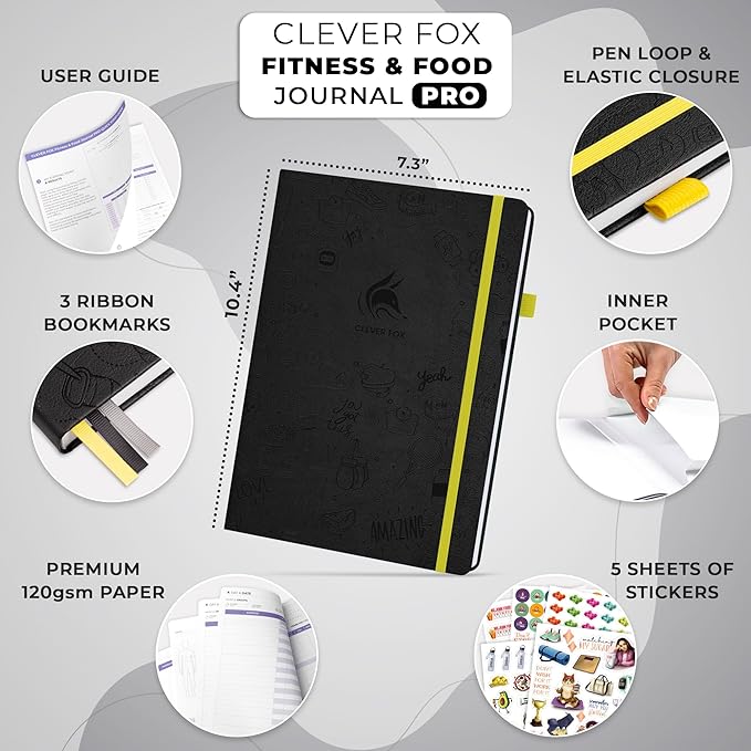 Clever Fox Fitness & Food Journal PRO – Daily Workout & Meal Planner for Women & Men – Exercise & Weight Loss Diary Notebook, 7.3x10.4” (Black)