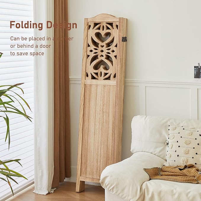 ALeesing 6 Panel Room Divider Fully Assembled, Carved Room Dividers and Folding Screens, 5.6Ft Wood Room Divider Screen Freestanding Partition Wall Dividers for Home Bedroom Office, Rustic Wood Color