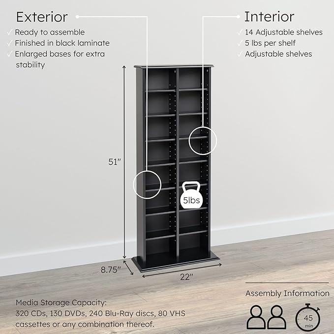 Prepac 2 Column Tall Cabinet Media, Double Multimedia Storage Tower, Black