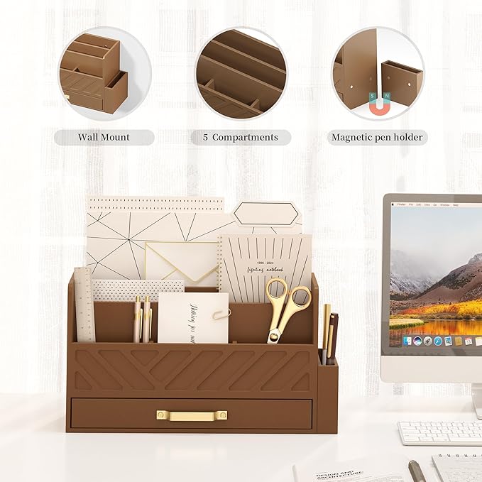 WISUCART Bamboo Desk Organizer Mail Holder Countertop Wood Desk Drawer Tabletop Storage Box Pen Holder Letter Sorter Makeup Organizer for School Home Office Supplies with Pen Holder Brown