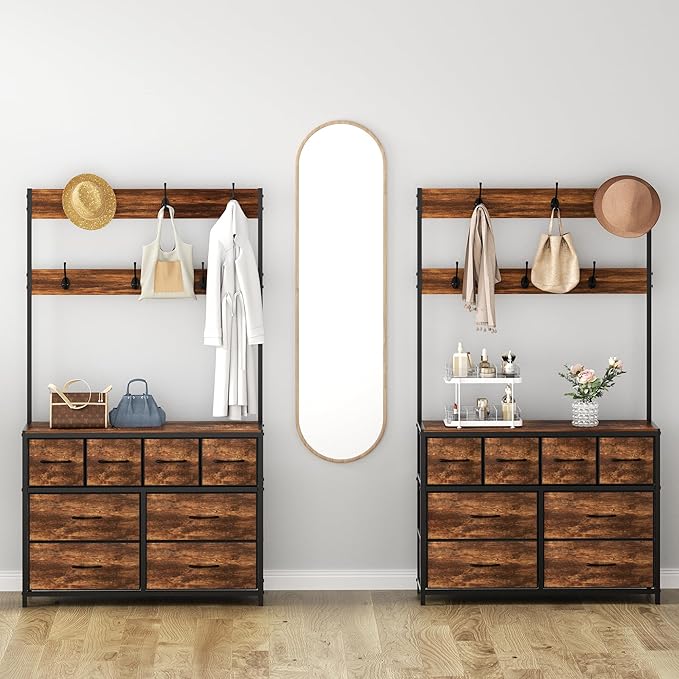 YKVIQBY 8 Drawer Dresser with 6 Double Hooks, 68.9" Tall Closet Organizer and Storage, Fabric Dresser for Bedroom, Nursery, Closet, Space-Saving Freestanding Storage Cabinet (Rustic Brown)