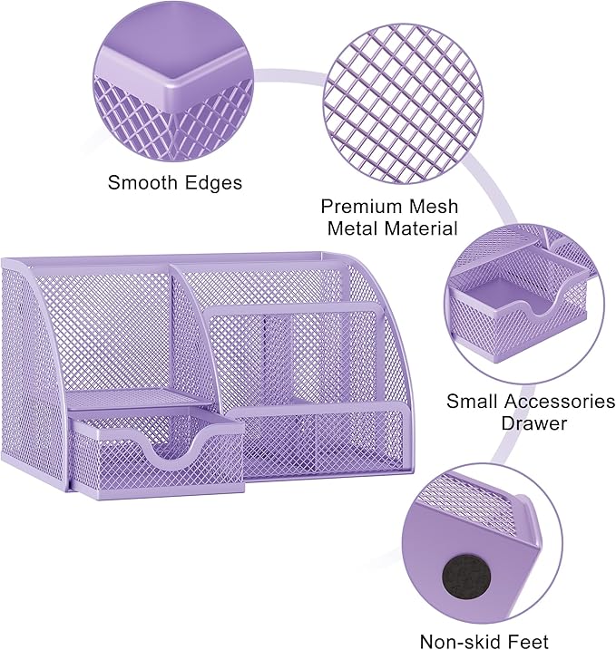 EasyPAG Mesh Desk Organizer with Drawer Multi-functional Pen Holder Stationery Organizer for Office School Supplies 6 Compartments Dorm Organizers and Storage for Desk, Light Purple