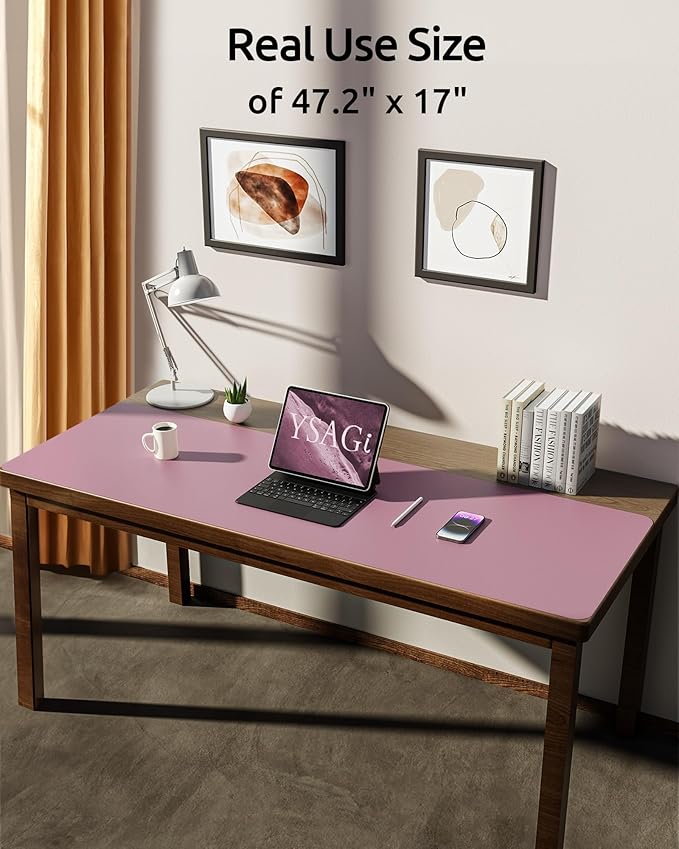YSAGi Leather Desk Protector, Office Mat, Large Mouse Mat, Non-Slip PU Leather Blotter, Laptop Pad, Waterproof Writing Pad for Office and Home (Pale Mauve, 47" x 17")
