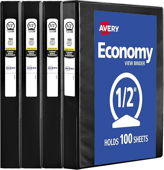 Avery Standard View 3 Ring Binder, 0.5" Round Rings, 100-Sheet Capacity, 0.7 Inch Wide Spine, 1 Black Binder, Ideal for Lightweight Organization and Occasional Referencing (17701)