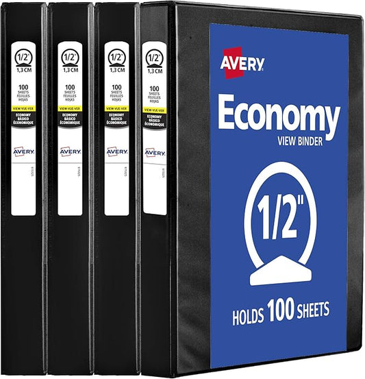 Avery Standard View 3 Ring Binder, 0.5" Round Rings, 100-Sheet Capacity, 0.7 Inch Wide Spine, 1 Black Binder, Ideal for Lightweight Organization and Occasional Referencing (17701)