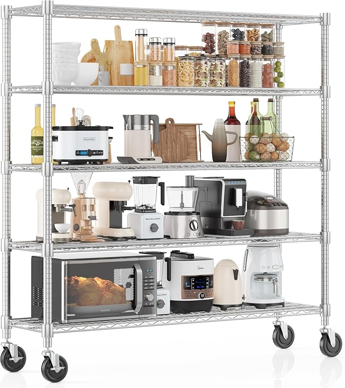Homdox 5 Tier Heavy Duty Metal Wire Shelving with Wheels, 3000 lbs Capacity Garage Storage Rack, Rolling Industrial Storage, Adjustable Commercial Shelves for Kitchen, Warehouse, 18"x60"x82", Chrome