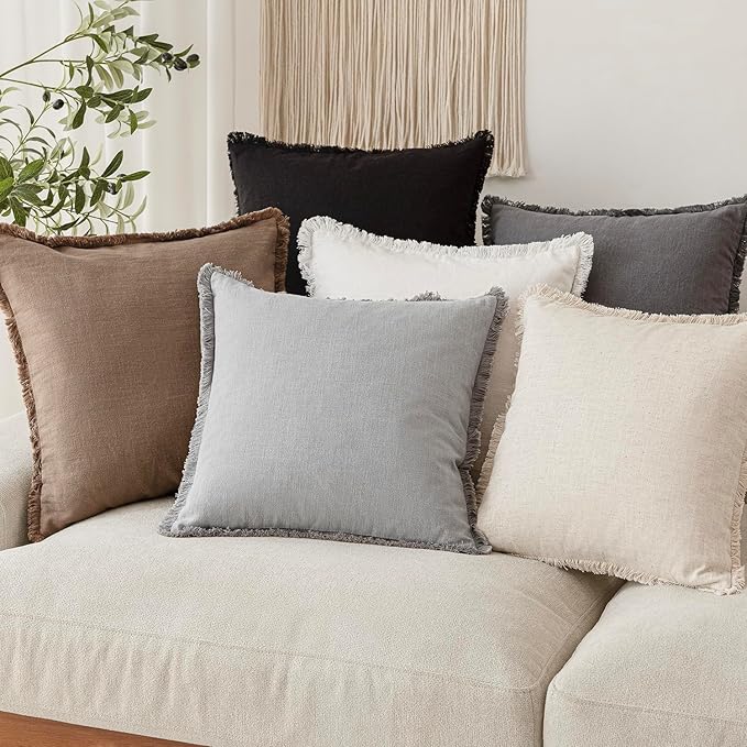 Foindtower Set of 2 Decorative Linen Fringe Throw Pillow Covers Cozy Farmhouse Cushion Cover with Tassels Accent Pillowcase for Couch Chair Sofa Bed Living Room Home Decor,18×18 Inch,Light Rustic Gray