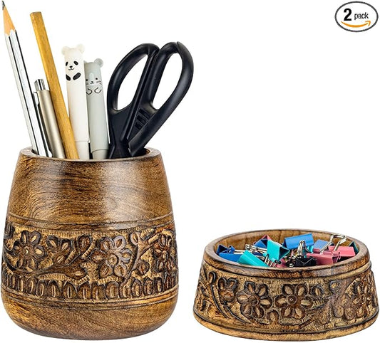 Mie Creations Wooden Desk Organizer Set of 2 Pen Holder, Paper Clip Storage, Office Desktop Table Decor, Floral Rustic Wood Pencil Cup & Paperclips Dispenser, Aesthetic Desk Accessories For Women, Men