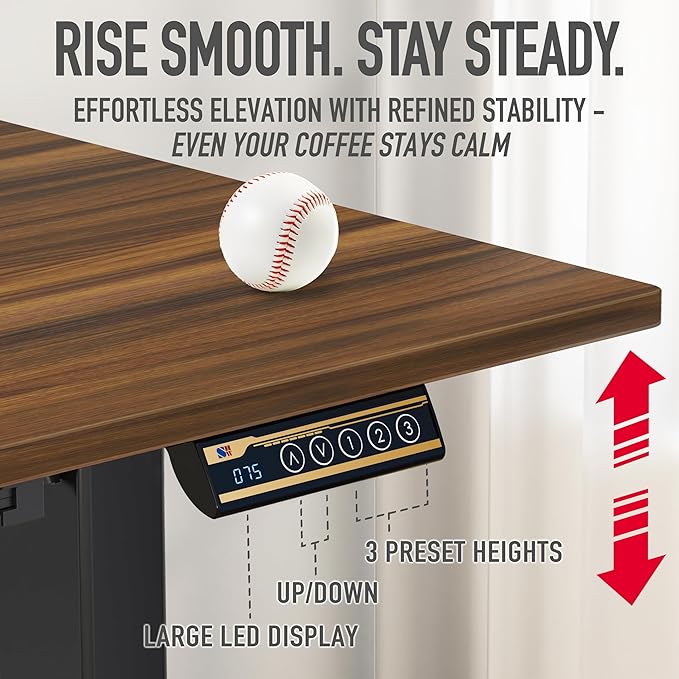 SHW 55 x 28 Inches Electric Height Adjustable Standing Desk with Drawer and Memory Preset, Walnut