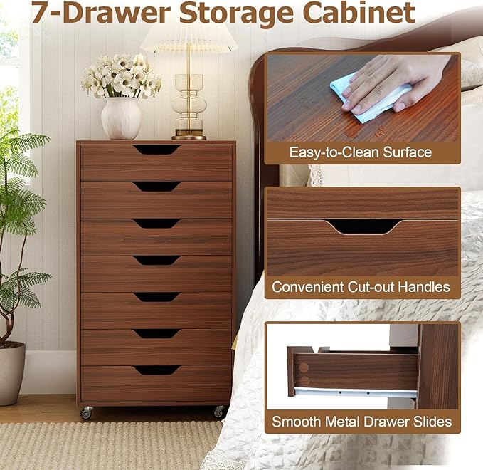 Giantex 7-Drawer Storage Cabinet, Mobile File Organizer with 4 Universal Casters, Wooden Vertical Filing Cabinet on Lockable Wheels for Office, Study, Living Room (19” x 15.5” x 34.5”,Walnut)