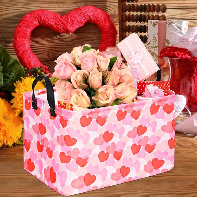FUULOXE Rectangular Valentines Basket Storage Bin for Shelves Girls Gifts Baskets Foldable Box with Handles for Home Office Car Dormroom Valentine's Day Party Supplies