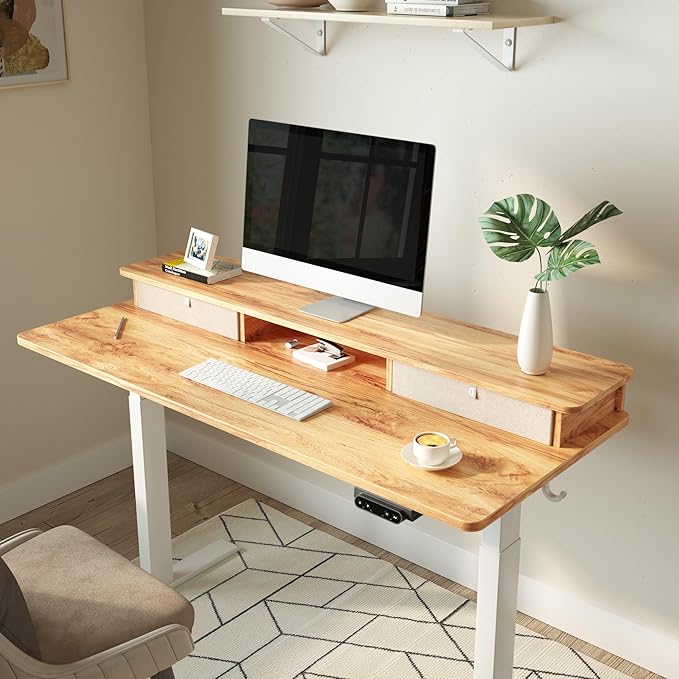 FEZIBO 48 x 24 Inch Whole-Piece Height Adjustable Standing Desk with Double Drawers, Sit Stand Desk, Stand Up Table (Send Two Packages), Light Rustic Top