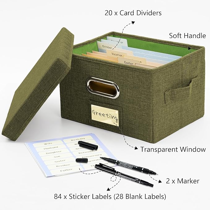 Remowith Greeting Card Organizer and Storage Box with 20 Pcs Adjustable Dividers, Storing Cards with 84 Pcs Labels Perfect for Storing Greeting Cards, Envelopes, Photos 1 Pack Olive Green