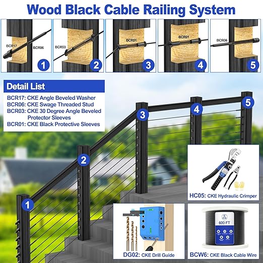 CKE 100 Pack T316 Stainless Steel Black Protector Sleeves for 1/8" 5/32" or 3/16" Cable Deck Stair Railing Kit System, Black Cable Railing Protective Sleeves for Wood Posts, DIY Balustrade, CR01-3/16