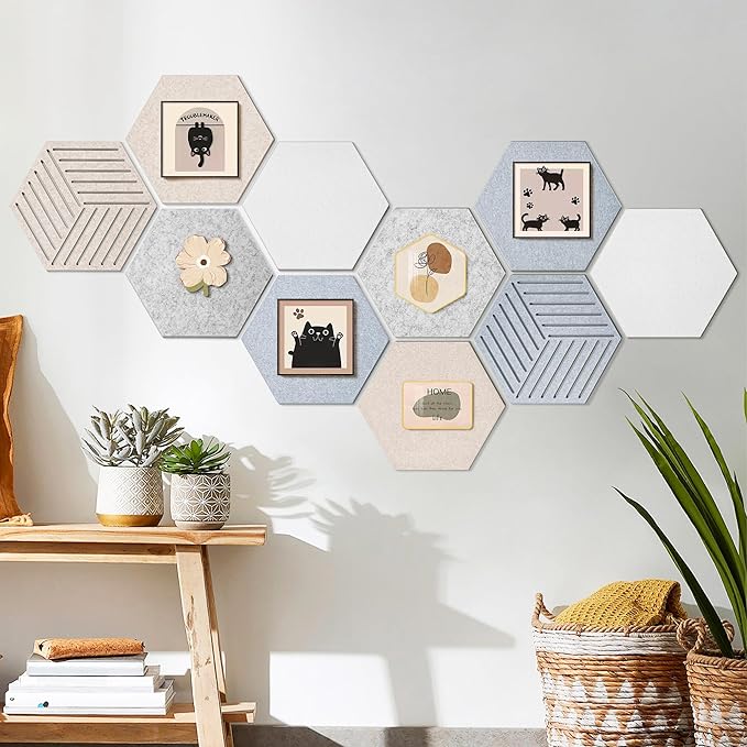12'' Medium Hexagon Cork-Bulletin Board Tiles Adhesive 10PCS 12x10 inch Frameless Sticky Corkboard Hex Felt Pin Board for Office-Wall Decor, Removable Hexagonal Tack Pinboard with 30 Pushpins