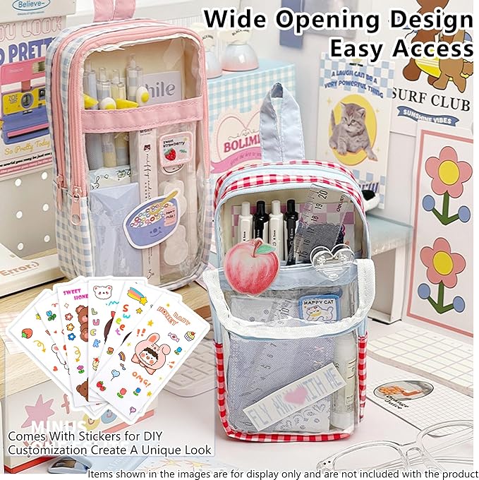 UINSUE Cute Pen case Adorable Bunny Transparent 3-Layer Large Capacity Pencil Case Gadget organizer with Lovely Stickers (Black Plaid)