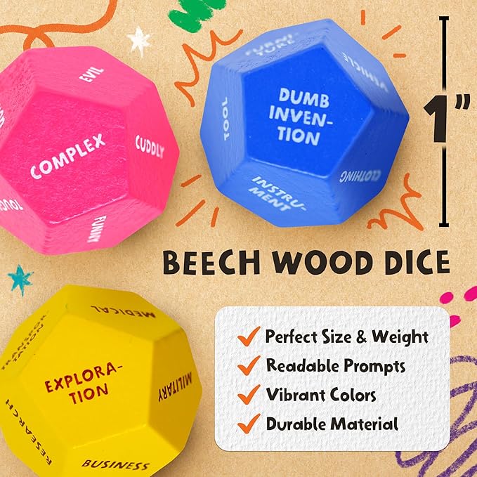 Art Dice – 12-Sided Wooden Dice with 120 Prompts to Help You Decide What to Draw or Paint – Creative Playbook with Games and Activities – Fun, Inspiring Gift for Artists of All Levels