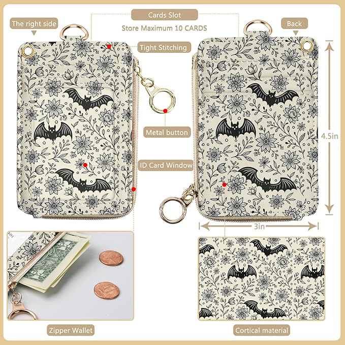 bolimoss Bat Lanyard Wallet Badge Holder PU Leather RFID Keychain Wallet with Breakaway Neck Wristlet Lanyard Zipper Pocket, Slim Credit Card Holder with Key Ring Phone Holder for Teacher Nurse Women
