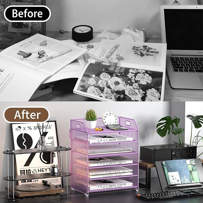 6 Tier Desk Organizer, Heavy-Duty Thick Metal Letter Tray Organizer, Large Capacity Desktop File Organizer for Heavy Files, Easy to Assemble for Home, Office & Classroom,Black,Purple